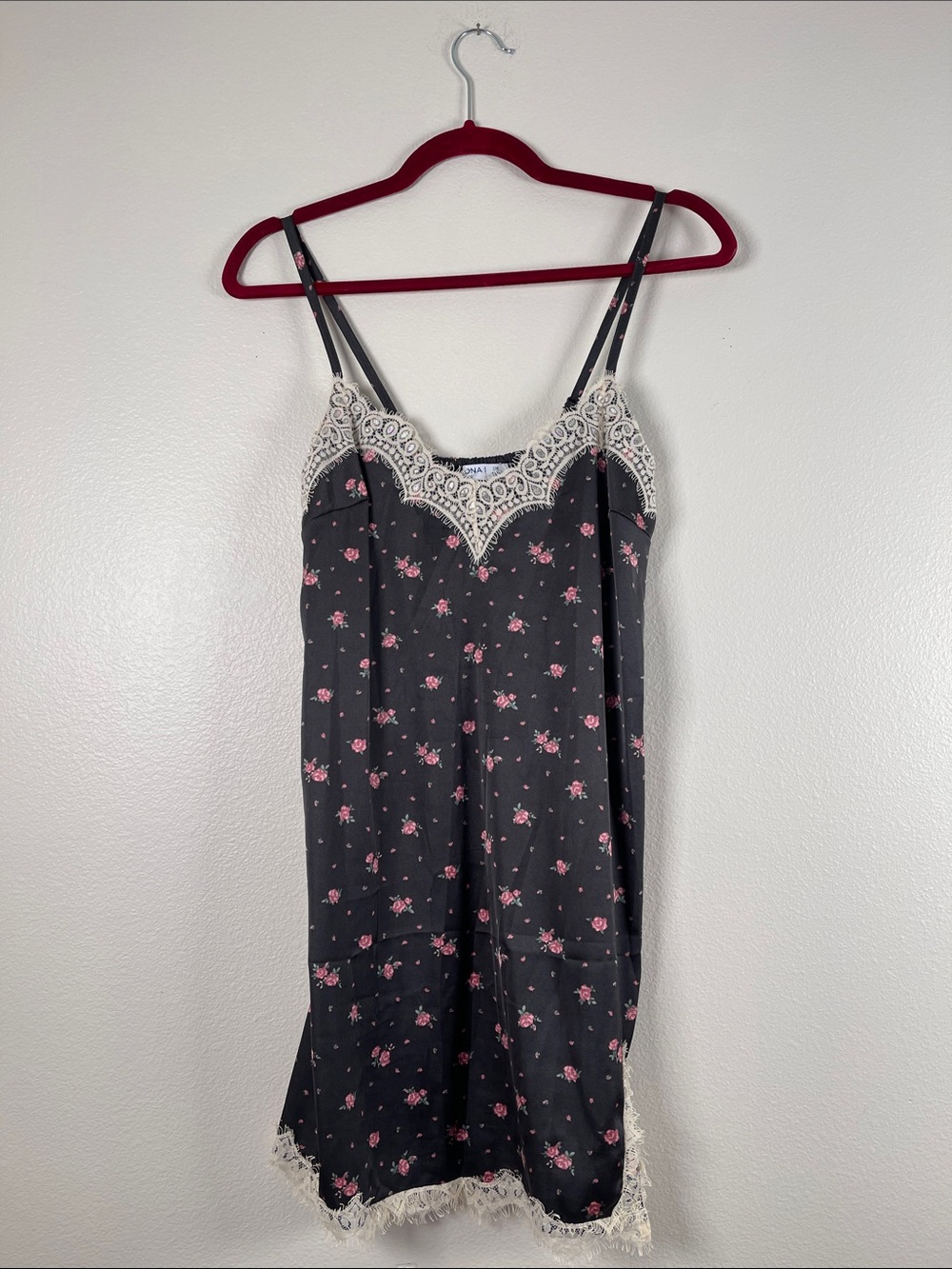 Arizona Jean Company Black Slip Dress with Pink Floral & Cream Lace